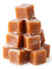 Stack of delicious homemade caramel candies on white background studio shot sweet dessert treat food photography