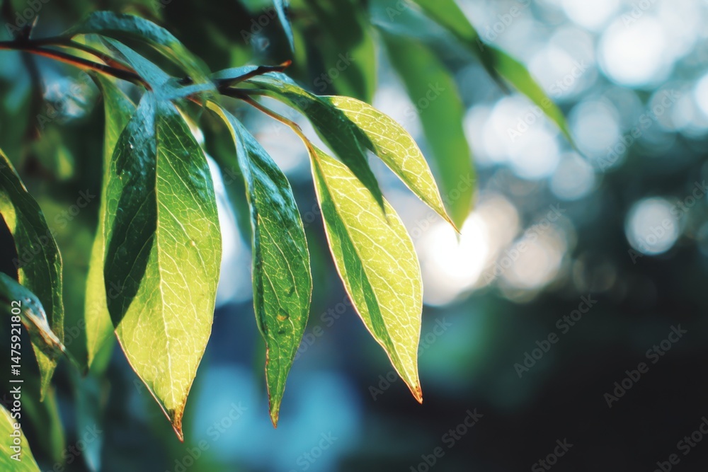 Poster Sunlit Green Leaves Hanging in a Natural Setting Close Up View with Bokeh Background Lush Foliage and Bright Light