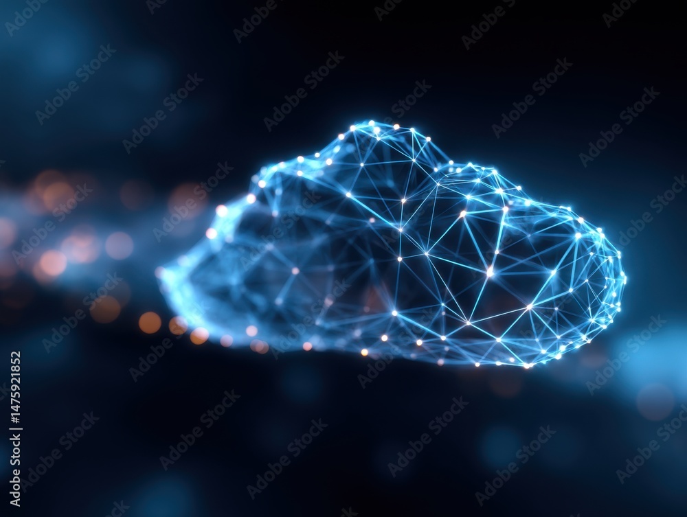 Poster Digital Cloud Concept Represented by Glowing Network of Connected Points in a Dark Blue Space