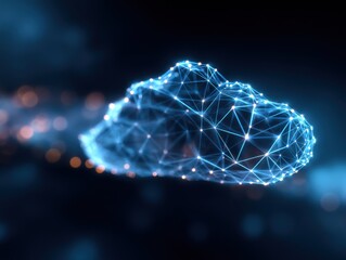 Digital Cloud Concept Represented by Glowing Network of Connected Points in a Dark Blue Space