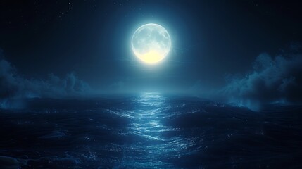 Fototapeta premium Nighttime Scene Featuring A Glowing Full Moon Reflected On The Ocean Surface