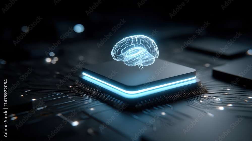 Poster Brain hologram rests on glowing computer chip close up conceptual AI technology futuristic design