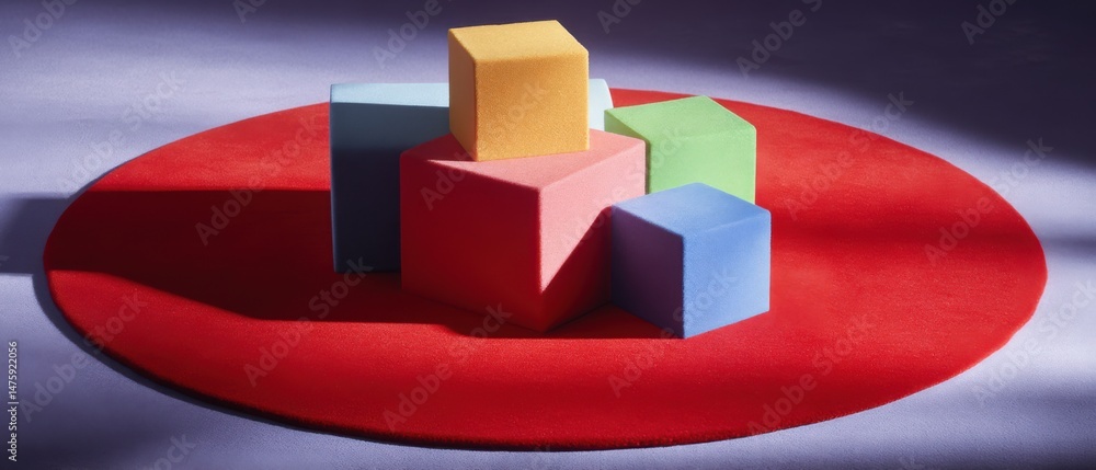 Poster Colorful Foam Blocks Arranged on Red Round Surface in Studio Setting with Soft Lighting and Shadows Abstract Still Life