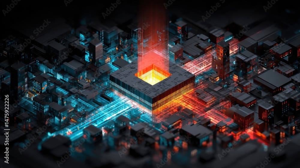 Aufkleber Futuristic Microchip Processing Data with Light Trails and Circuitry in a Close Up Abstract View for High Tech Applications