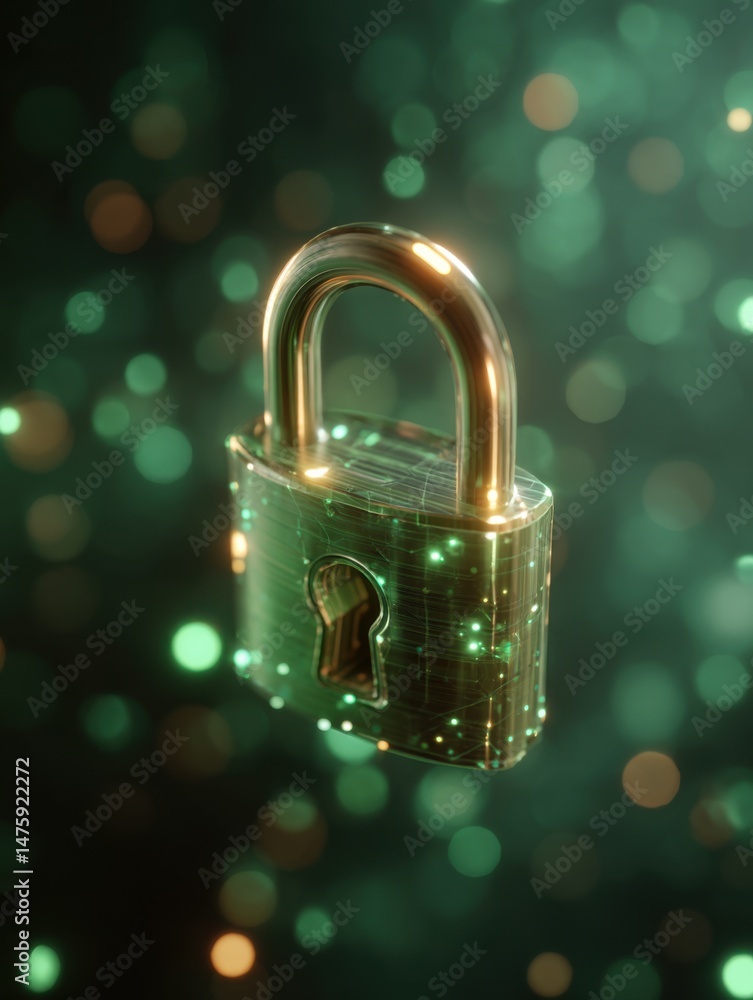 Fototapete Digital Lock Security Concept Showing Data Protection and Encryption with Glowing Circuitry and Bokeh Background