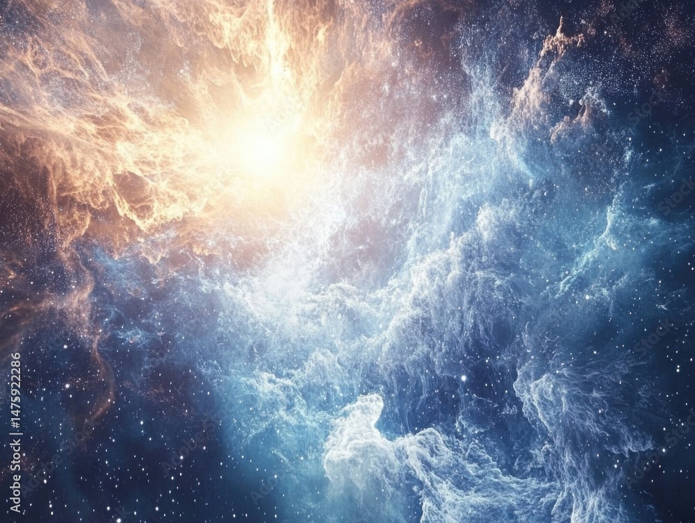 Poster Dramatic cosmic nebula exploding with light and stars in deep space abstract view from afar science astronomy