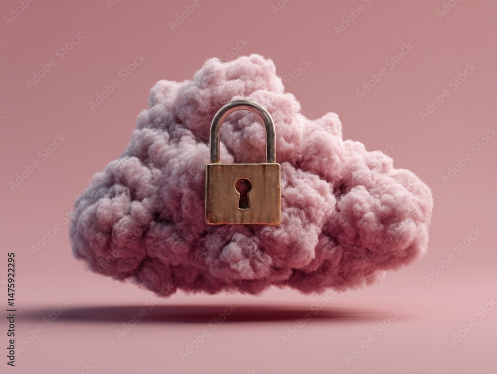 Poster cloud computing security concept showing golden padlock on pink cloud against pink background studio