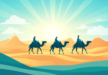 A stylized illustration shows people in robes riding camels across a desert landscape with distant buildings and stars.
