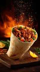 Delicious chicken shawarma wrap on wooden board with fire background studio shot close up food photography
