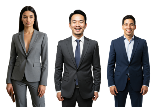 Diverse group of three young adult business professionals, one woman and two men (Asian and Hispanic), standing confidently in suits against a transparent background.