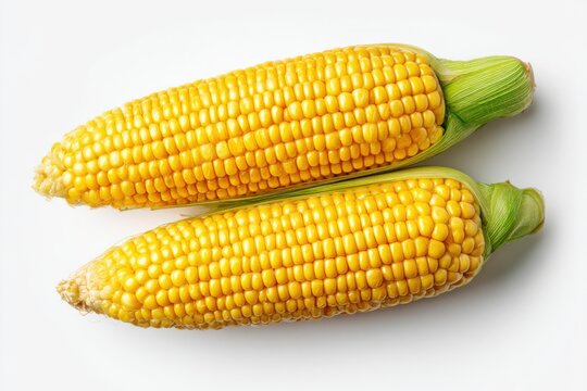 Two ears of fresh corn on the cob close up studio shot overhead view on white background summer harvest food ingredient - Powered by Adobe