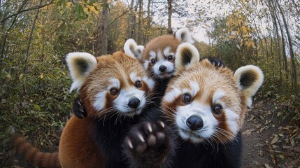 Fototapeta premium A panda, a red panda, and a panda cub snuggling for a selfie.