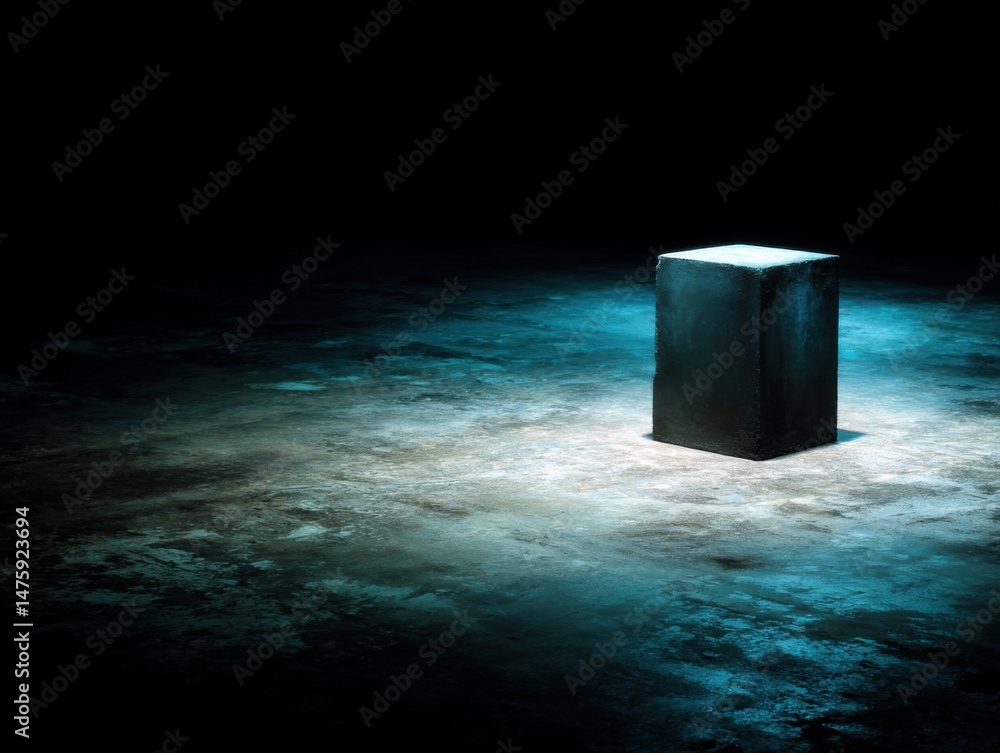 Poster dark monolith stands alone in spotlight on textured surface abstract concept studio shot