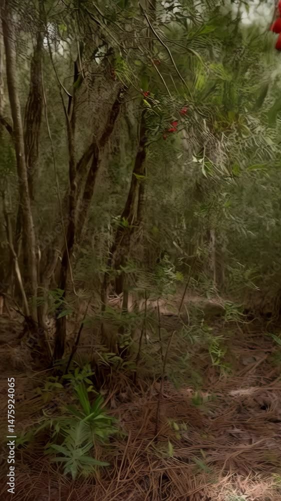 Poster vibrant red berries clustered on branch extending into a wooded area with soft lighting and fallen n