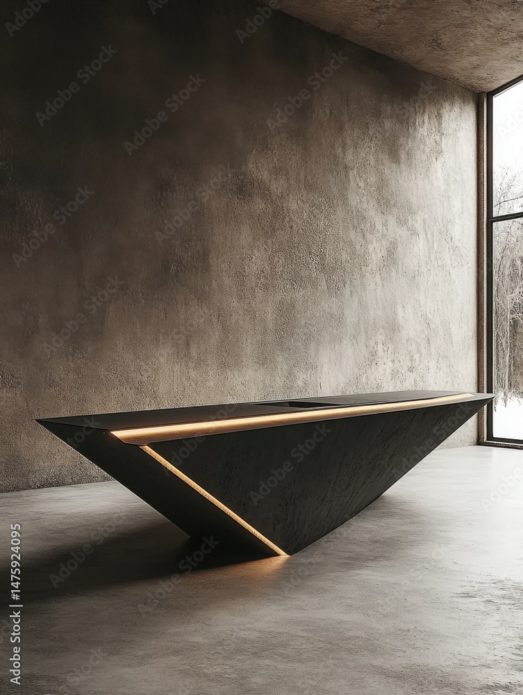 Leinwandbilder Modern triangular table with LED lighting in minimalist interior design studio with concrete walls and floors