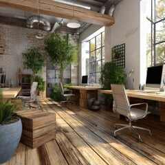 Bright spacious office interior with wooden floors and desks, plants and computers, modern design, daytime
