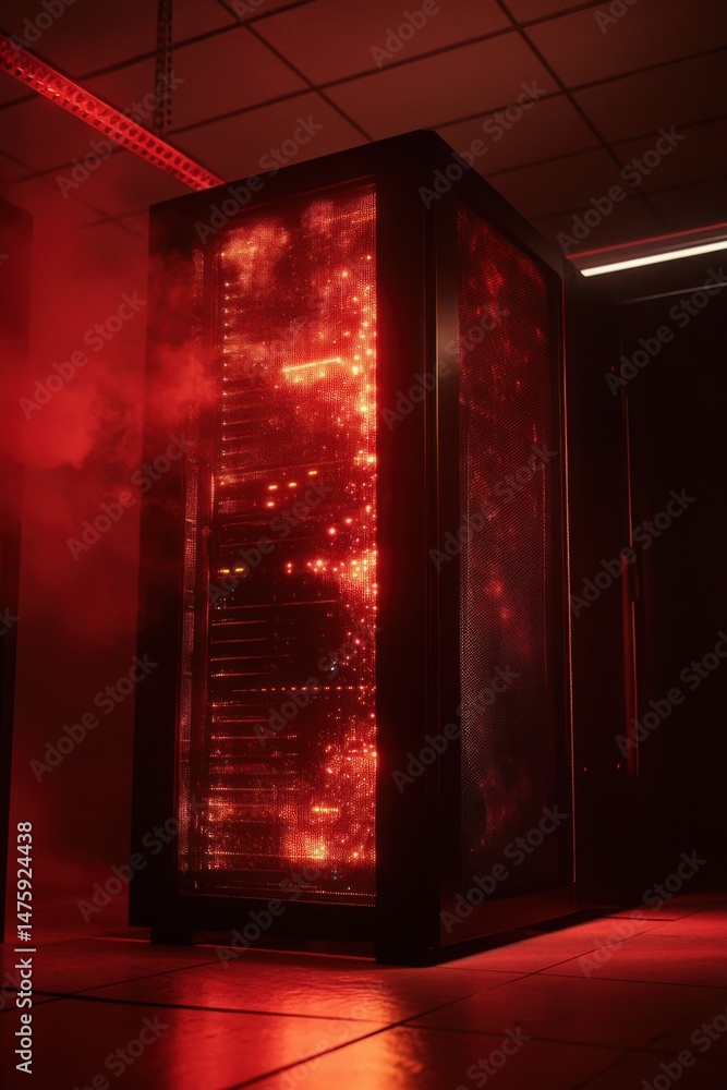 Poster Server rack in red light with smoke effect in a data center low angle shot for technology concept
