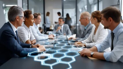 Strategic Synergy: A team of professionals convene around a futuristic table, brainstorming collaborative insights. - Powered by Adobe