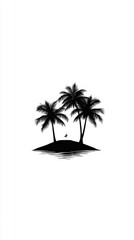 Tropical Island Silhouette with Palm Trees and Bird Minimalist Black and White Graphic Design Illustration