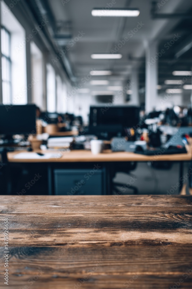 Poster rustic wood tabletop foreground in modern open office space interior background perspective view