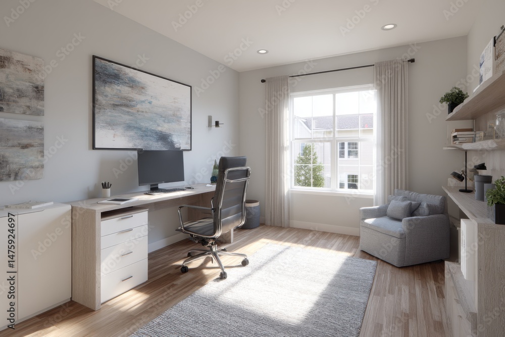 Aufkleber bright home office with computer desk chair and window view interior design style architectural rend