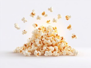 Pile of Popcorn with Flying Pieces on White Background Studio Shot Food Photography Still Life Sweet Snack Treat
