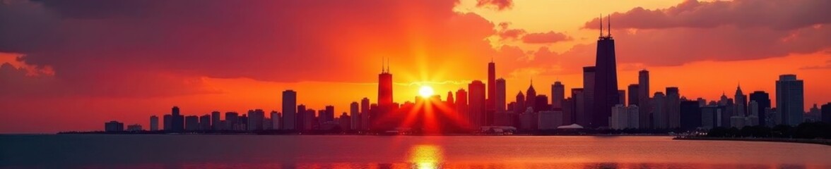 Fototapeta premium Deep orange sunset hues paint Chicago's iconic architecture , skyline, sunset