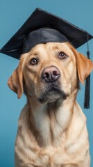 Close up of a golden labrador wearing a graduation cap looking up on a blue background in a studio setting