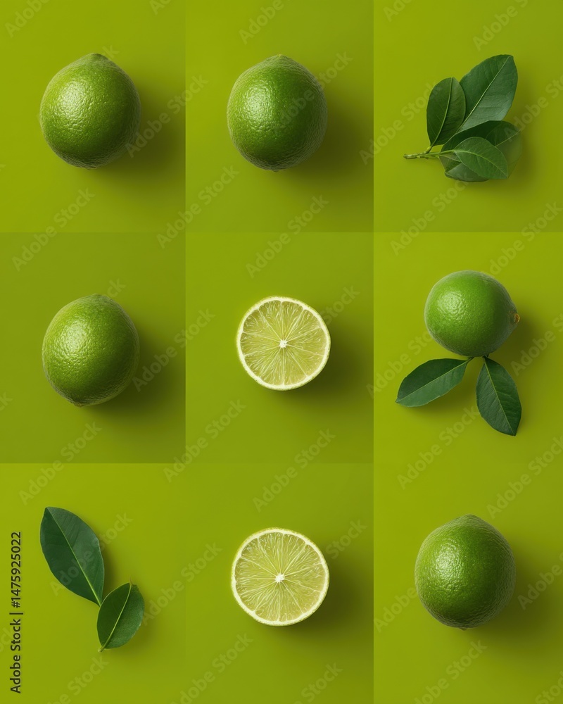 Aufkleber fresh lime still life collage on green background overhead flat lay presentation of citrus fruit and