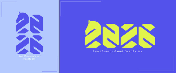 2026 Happy new year concept with head horse in the beginning of the number. isolated in blue color, simple design of 2026 template for background, card, greeting card, calendar, etc 