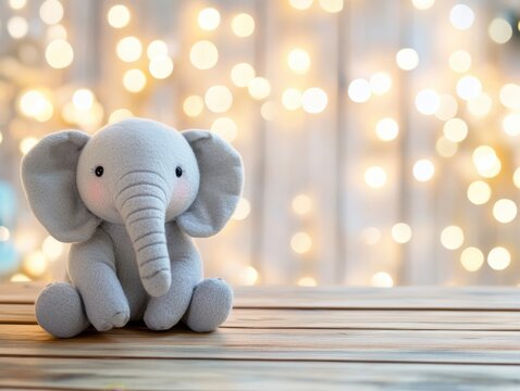 Cute Plush Elephant Toy Sitting on Wooden Surface with Bokeh Lights Background Studio Still Life