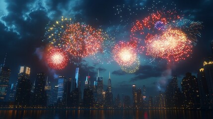 Spectacular Fireworks Display over New York City Skyline at Night