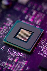 Macro shot of a modern computer processor on a motherboard with pink and purple lights highlighting the circuit board