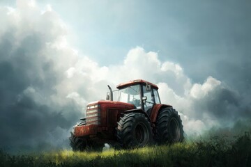 Obraz premium Red Tractor Standing in Field with Dramatic Sky Low Angle Artistic Style Farm Equipment Agriculture Rural Scene