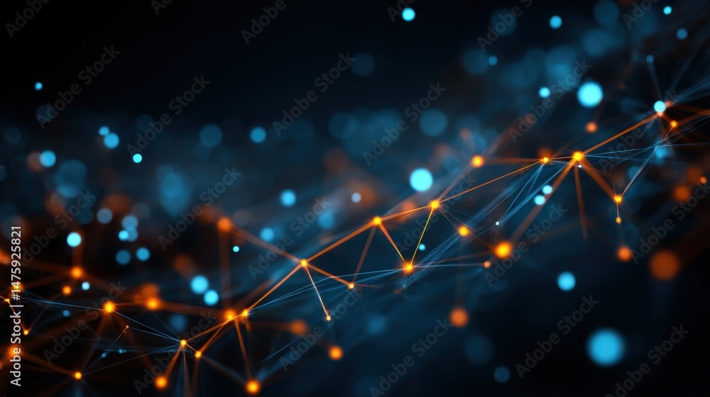 Poster abstract network connection with glowing nodes and lines in blue and orange low angle shot