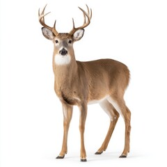 Fototapeta premium Majestic White-Tailed Deer Standing Tall Studio Shot Eye-Level View Isolated Against White Background Wildlife Animal Portrait Conservation Mammal