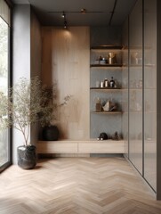 Interior design showcasing modern entrance hall with herringbone floor, plants, and display shelves in neutral tones, eye-level view, studio shot