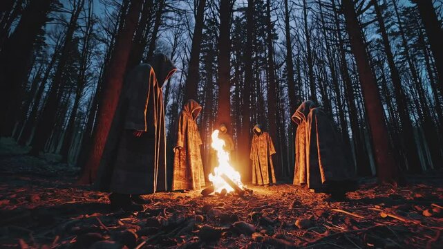 Eerie forest scene with figures around a fire, captured from a low angle. The video evokes mystery and suspense in a dark, wooded setting.