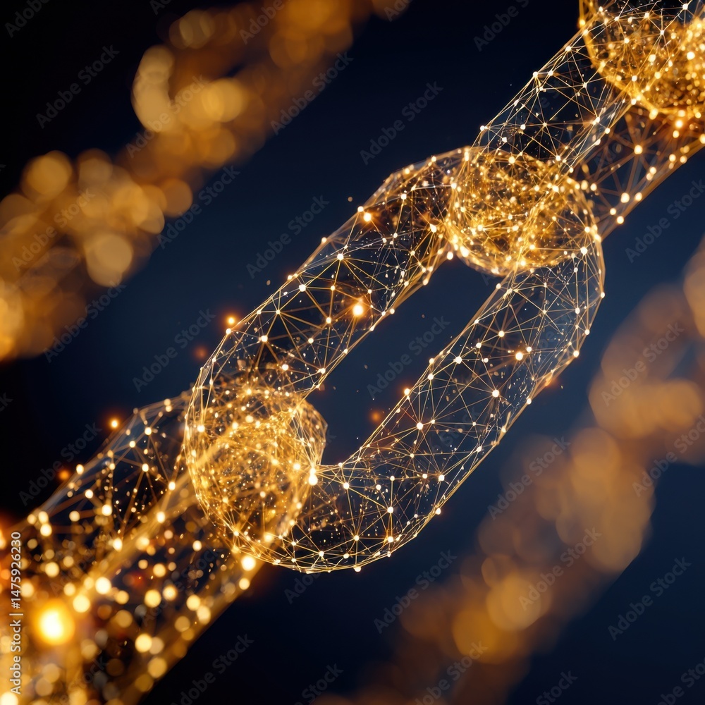 Aufkleber golden chain links interconnected in digital network concept with glowing nodes and connections, fut
