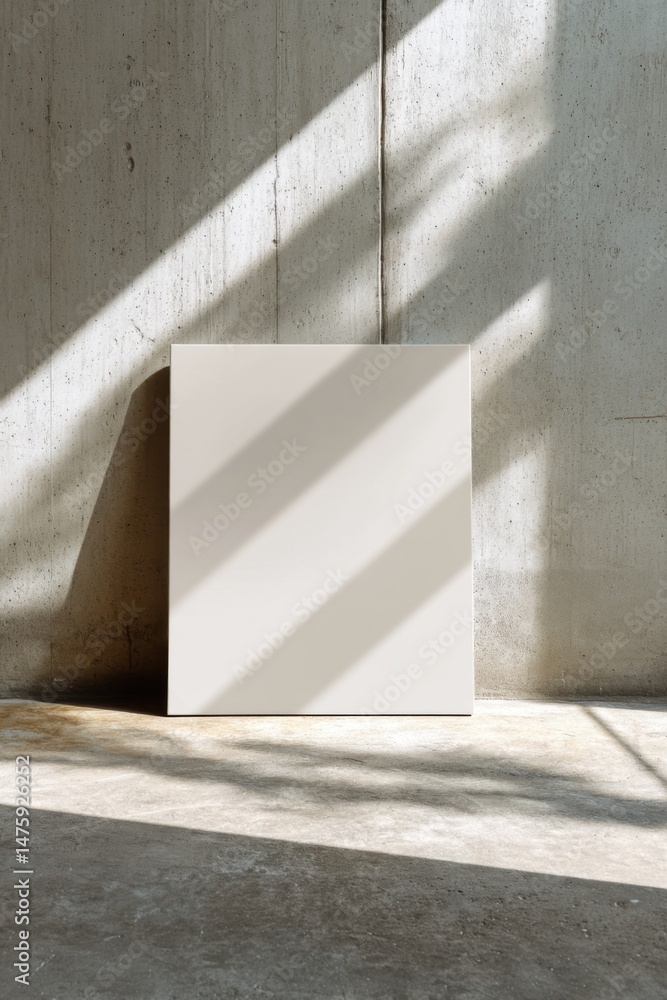 Poster square canvas leaning against concrete wall in sunlit studio with abstract shadows minimalist produc