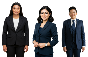 Studio portrait of three diverse young adult business professionals, two women and one man, wearing formal suits and standing confidently against a transparent background.