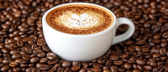 Close up of Cappuccino with Heart Latte Art on Coffee Beans from Above in Studio Lighting