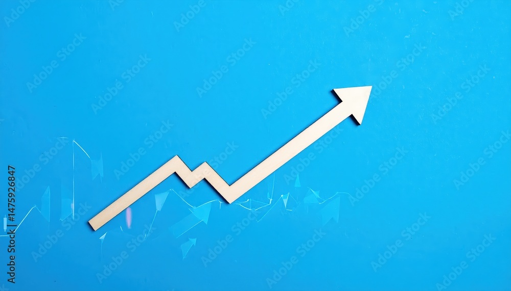 Aufkleber a vibrant blue background features a bold, white arrow pointing upward, symbolizing growth and progr