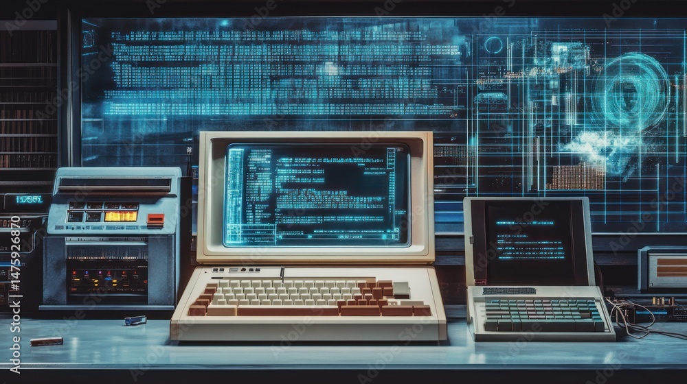 Poster retro vintage computer setup with glowing futuristic interface.