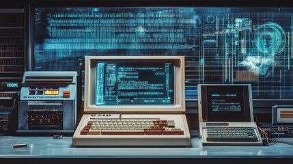 Retro vintage computer setup with glowing futuristic interface.