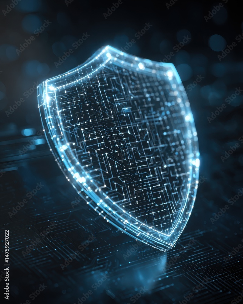 Poster glowing futuristic shield protecting data network cyber security abstract concept digital art