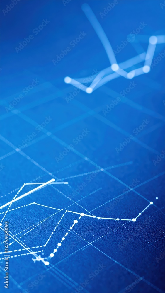 Poster a vibrant blue background features intricate white lines and numbers, creating a dynamic, abstract d