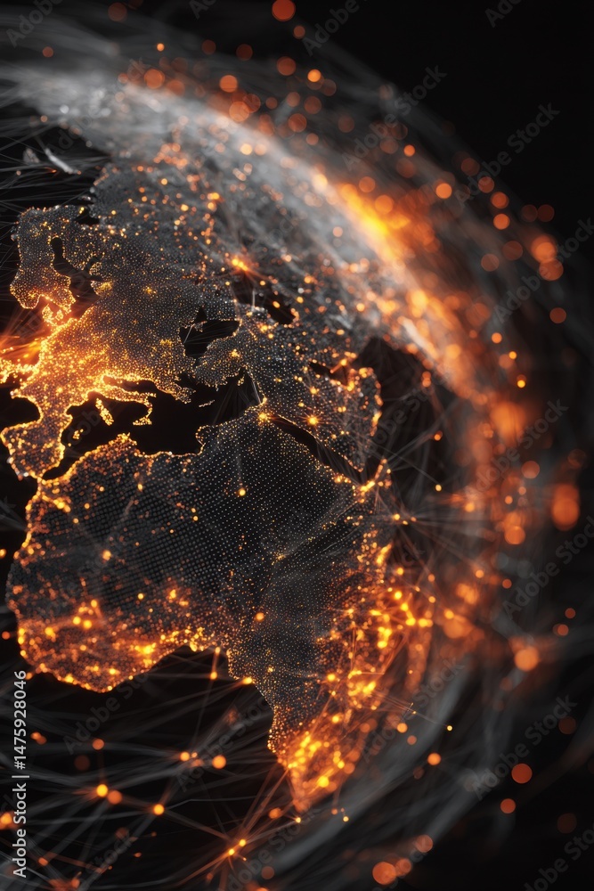 Poster glowing world map depicting data connections and global network communication in digital age high an