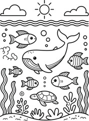 Obraz premium Cute underwater scene featuring whale fish turtle seaweed sun and clouds for coloring