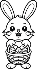 Adorable easter bunny holding basket filled with decorated easter eggs in outline style
